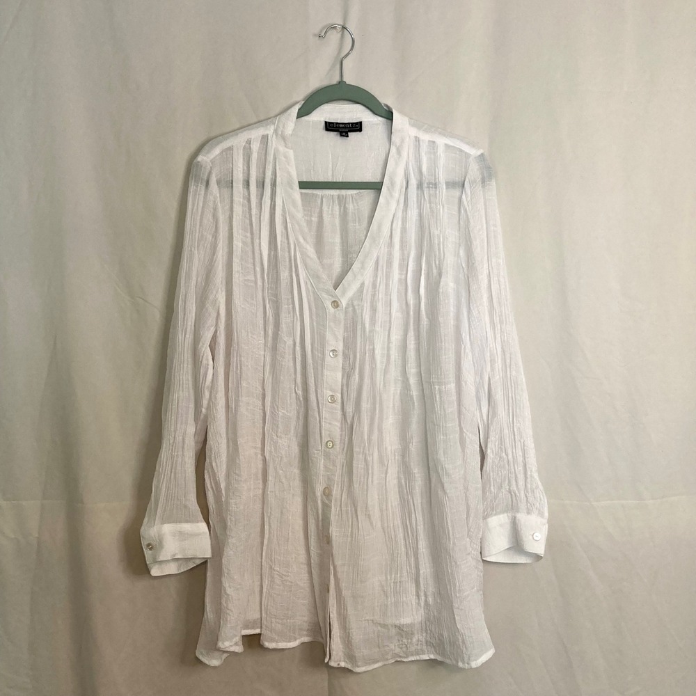 White Crinkle Sheer Button Front Tunic Blouse Beach Coverup Elementz 1X Boho